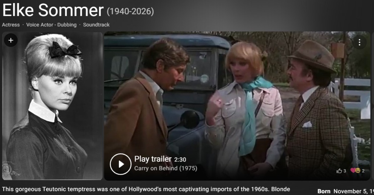 好萊塢德國裔女星艾爾克·薩默（Elke Sommer），傳出於28日（本週三）晚間在美國洛杉磯家中辭世，享壽85歲。（圖／翻攝imdb）